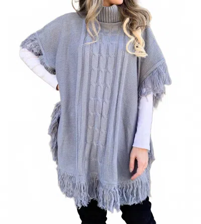 Amoli Cable Knitted Fringe Tunic Poncho Top In Grey