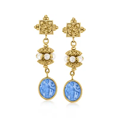 Ross-simons Italian Tagliamonte Blue Venetian Glass And 4-4.5mm Cultured Pearl Drop Earrings In 18kt Gold Over S