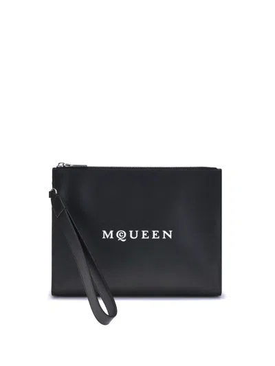 Alexander Mcqueen Logo Print Leather Zip Pouch In Black
