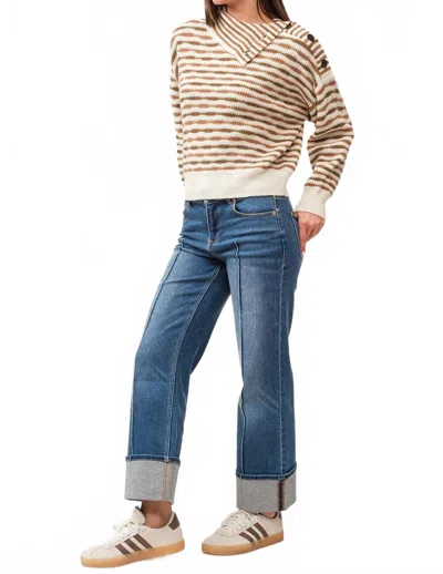 Dear John Denim Ingrid Button Striped Sweater In Cafe In White