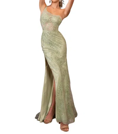 Rachel Allan One-shoulder Sheer Bodice Prom Dress In Sage In Green