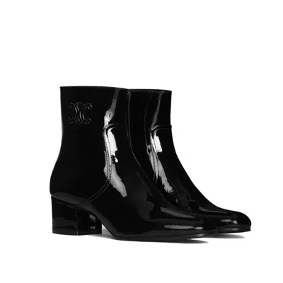 Celine Women Patent Leather Boots With Engraved Triomphe Logo In Black