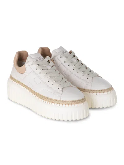 Hogan Ivory Brown Lace-up Sneakers With Textured Sole In White