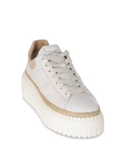 Hogan Ivory Brown Lace-up Sneakers With Textured Sole In White