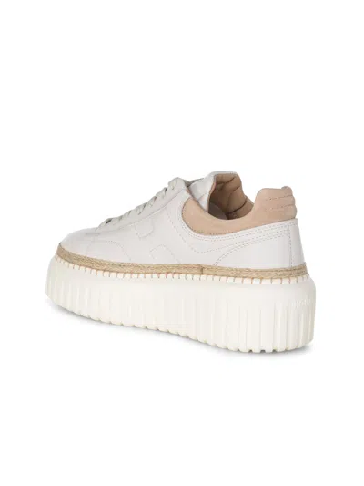 Hogan Ivory Brown Lace-up Sneakers With Textured Sole In White