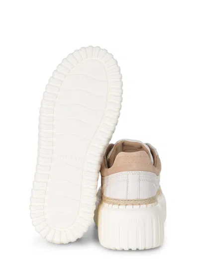Hogan Ivory Brown Lace-up Sneakers With Textured Sole In White