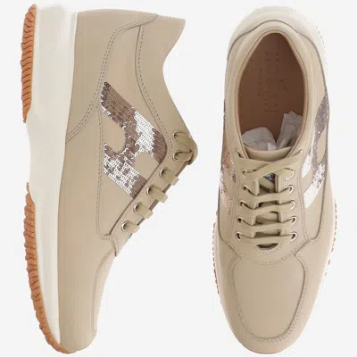 Hogan Woman Sneakers Khaki Size 10 Soft Leather In Neutral