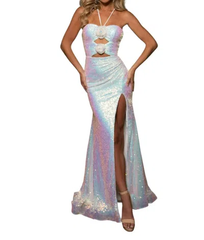 Rachel Allan Playful 3d Flower Prom Dress In White Iridescent In Metallic