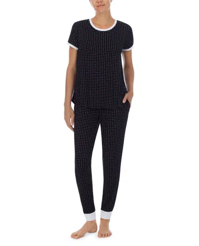 Kensie Perfect Petals Heart Dots Short Sleeve Pajama Tee And Jogger Set In Ken Black