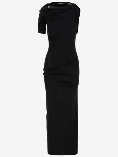 Jacquemus Short-sleeved Black Viscose Midi Dress In Black