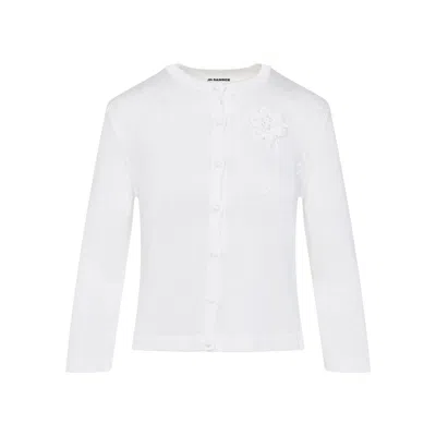 Jil Sander Button-up White Viscose Sweater With Floral Embellishment