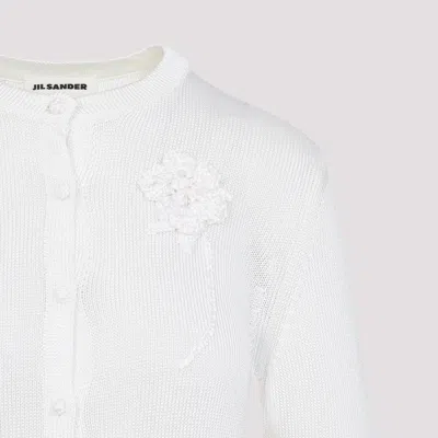 Jil Sander Button-up White Viscose Sweater With Floral Embellishment