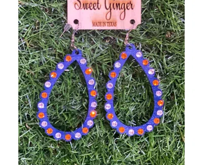 Sweet Ginger Women's Astros Teardrop Scalloped Wood Earrings With Orange & Clear Rhinestones In Blue