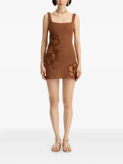 Oscar De La Renta Leather-trimmed Crocheted Cotton Mini Dress In Brown