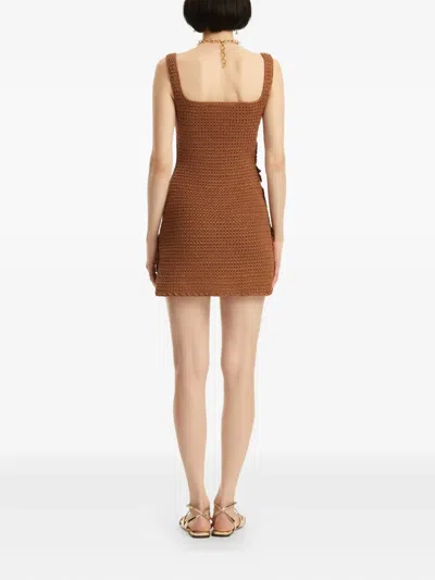 Oscar De La Renta Leather-trimmed Crocheted Cotton Mini Dress In Brown