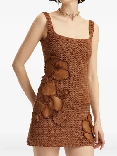 Oscar De La Renta Leather-trimmed Crocheted Cotton Mini Dress In Brown
