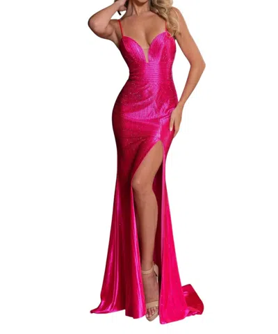 Rachel Allan Stone Fitted Stretch Satin Tie-back Slit Gown In Fuchsia In Pink