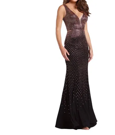 Ellie Wilde Sleeveless Stone Encrusted Prom Dress In Black/bronze