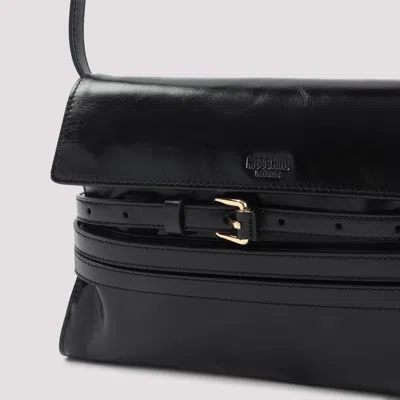 Moschino Structured Leather Shoulder Bag With Adjustable Strap In Black