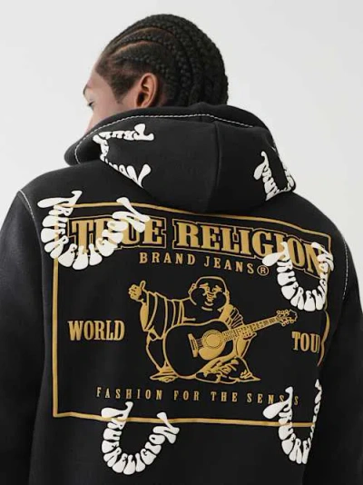 True Religion Big T Warped Puff Print Logo Zip Hoodie In Black