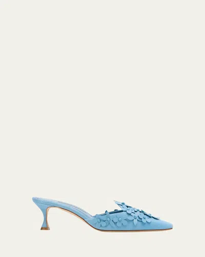 Manolo Blahnik Harnes Flower Suede Kitten-heel Mules