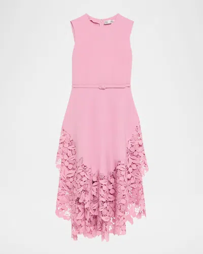 Oscar De La Renta Sleeveless Cherry Guipure Embroidered High-low Dress With Belt In Pink