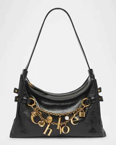 Chloé Logo Charm Hobo Bag In Shiny Leather