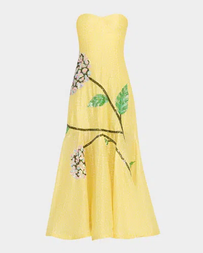 La Fuori Hydrangea Embellished Polka-dot Organza Strapless Gown