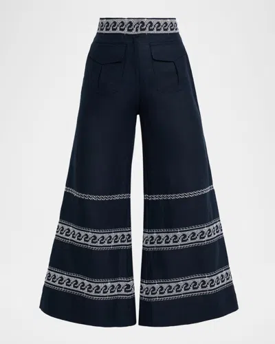 Silvia Tcherassi Zina Embroidered Linen Flare Crop Pants