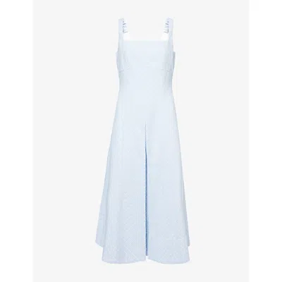Me And Em And Em Womens Chambray Blue Jacquard Square-neck Cotton-blend Midi Dress
