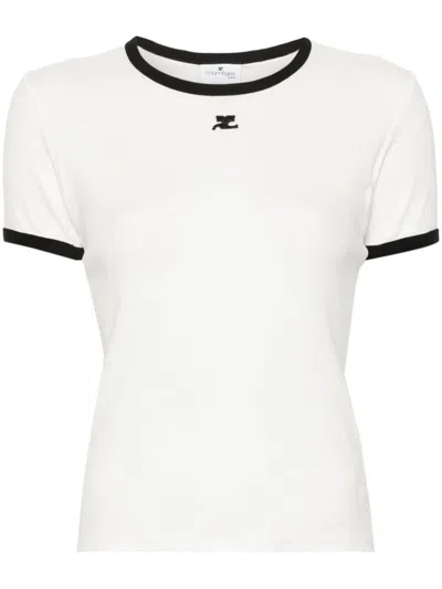 Courrèges Fitted White T-shirt With Contrasting Ribbed Trim In White