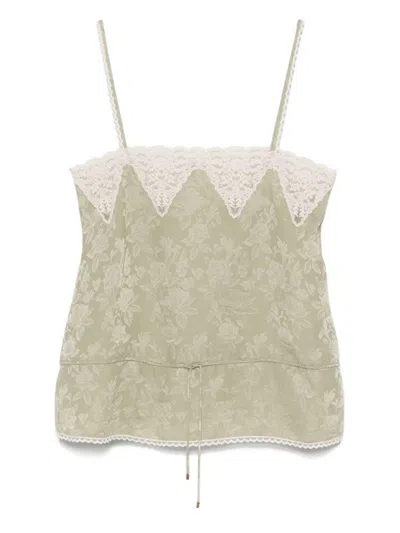 Chloé Silk Top With Drawstring Waist And Floral Pattern In Green