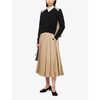 Sacai Womens Black Beige Contrast Pleated Cotton-blend Cardigan