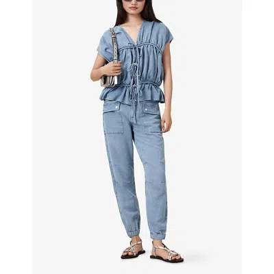 Allsaints Womens Light Blue Val Patch-pocket High-rise Linen-blend Cargo Trousers