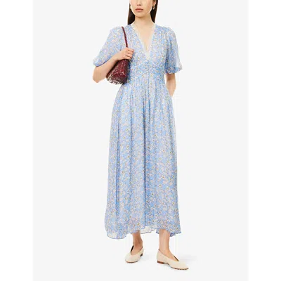 Me And Em And Em Womens Soft White/blue/mult Evening Primrose Graphic-print Puff-sleeve Woven Maxi Dress