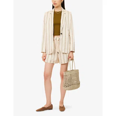 Me And Em And Em Womens Deep Olive/vanilla Striped Single-breasted Woven Blazer Jacket