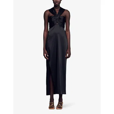 Sandro Slit Satin-effect Maxi Dress In Black