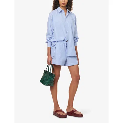 Hunza G Womens Blue Stripe Embroidered Striped Cotton-poplin Shorts L/xl