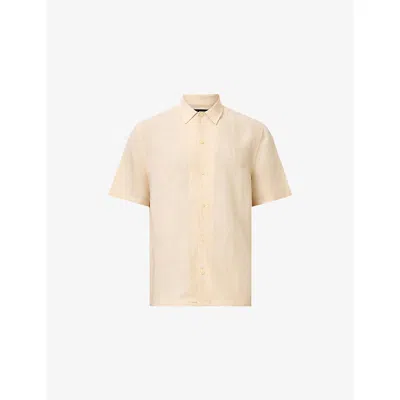 Allsaints Mens Hammock Taupe Bandol Relaxed-fit Short-sleeve Linen-blend Shirt Xxl In Neutral