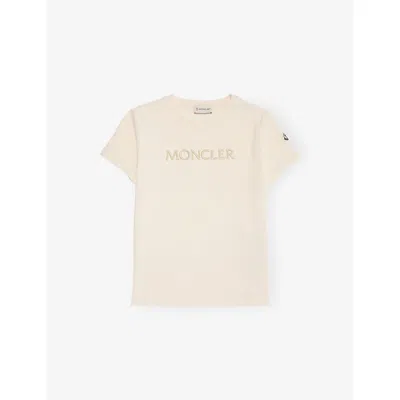 Moncler Cream Logo-embroidered Cotton T-shirt 4-14 In Nude