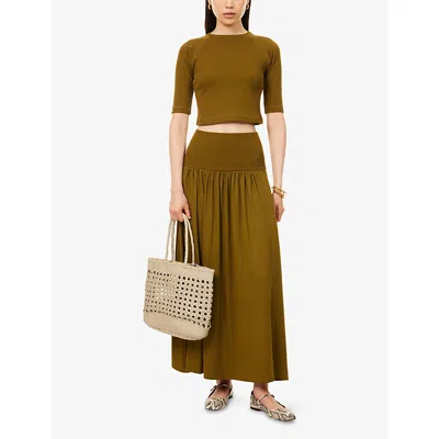 Me And Em And Em Womens Deep Golden Olive Ribbed-waist A-line Woven Maxi Skirt