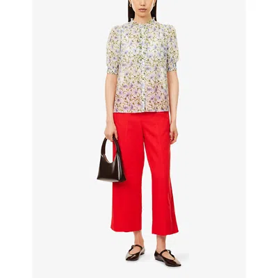 Me And Em And Em Womens White/green/multi Twisting Poppy Floral Graphic-print Silk-cotton Blouse
