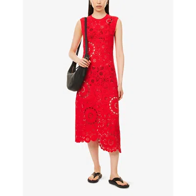Me And Em And Em Womens Lipstick Red Asymmetric Crochet Knitted Maxi Dress