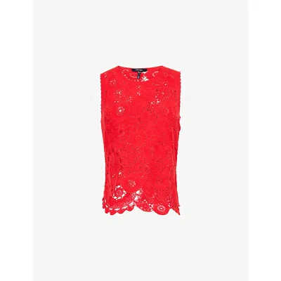 Me And Em And Em Womens Lipstick Red Asymmetric Crochet Knitted Top