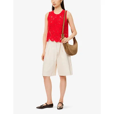 Me And Em And Em Womens Lipstick Red Asymmetric Crochet Knitted Top