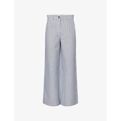 Me And Em And Em Womens Navy/white Italian Seersucker Straight-leg Cotton-blend Trousers