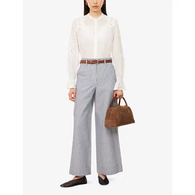 Me And Em And Em Womens Navy/white Italian Seersucker Straight-leg Cotton-blend Trousers
