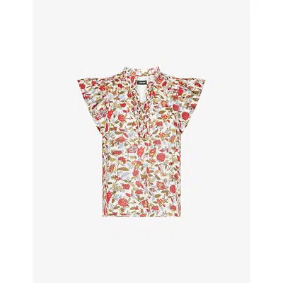 Me And Em And Em Womens Soft White/red/multi Rosebush Graphic-print V-neck Cotton Blouse