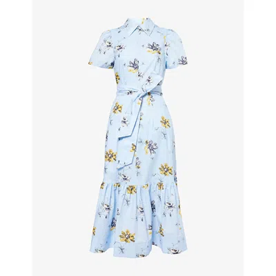 Me And Em And Em Womens Blue/yellow/multi Floral Graphic-print Belted Cotton Midi Dress