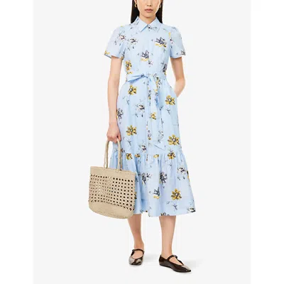 Me And Em And Em Womens Blue/yellow/multi Floral Graphic-print Belted Cotton Midi Dress